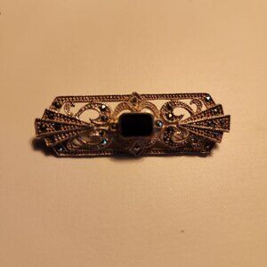 Art Deco Sterling Silver 925 Marcasite & Black Onyx Bar Brooch Pin Vintage Jewel